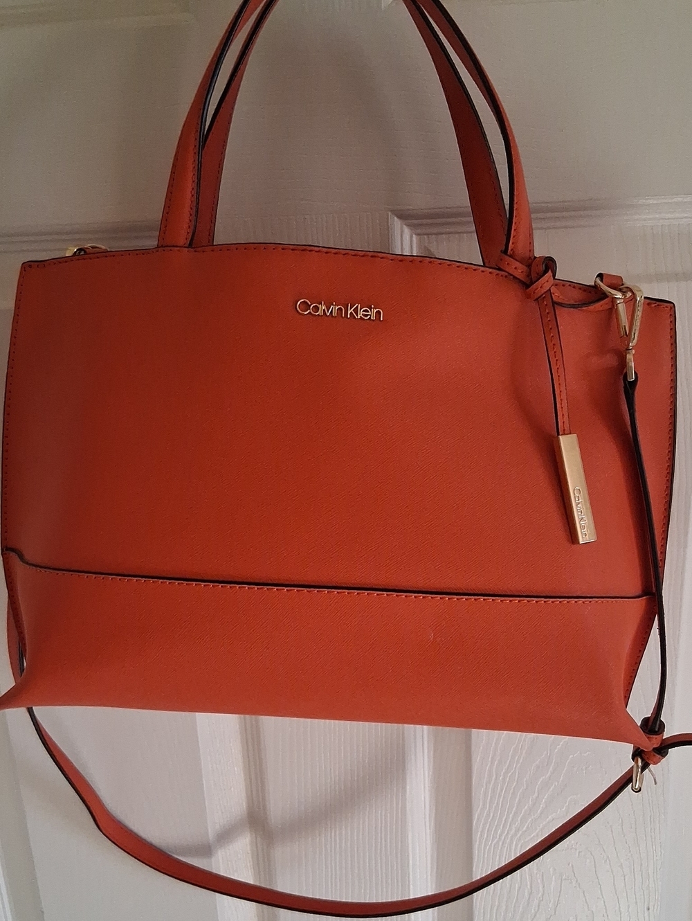 Calvin Klein Orange Structured Shoulder Tote with Gold Hardware
